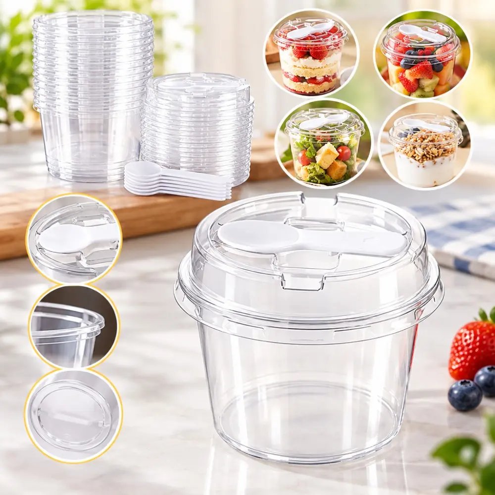 50 Sets Clear Plastic Dessert Cups with Lids and Spoons, 5 oz/150ml Round PET Parfait Containers for Pudding, Party Supplies, Disposable Home & Festive Tableware