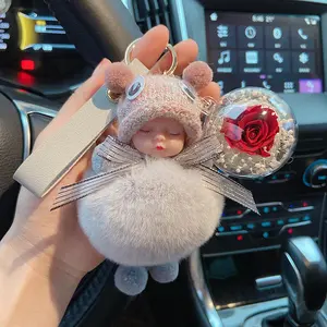 Cute Plush Doll Keychain with Preserved Red Rose, Soft Fluffy Bag Charm with Knit Hat, Romantic Creative Accessory for Women Girls, Unique Small Gift