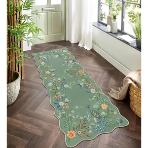 Washable Floral Runner Rug, 2x6 Rug Runners for Hallways Non-Slip Ultra Thin Soft Kitchen Runner Rug, Green Boho Peacock Scalloped Throw Carpet for Bathroom Laundry Entryway