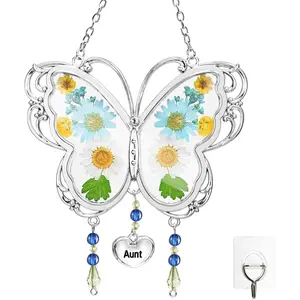 Butterfly Suncatcher with Pressed Flower Wings Mom Mother's Day Butterfly Glass Wind Chime Ornament Charm with Metal Heart Gifts for Mom Grandma Aunt Birthday (Aunt, Blue)