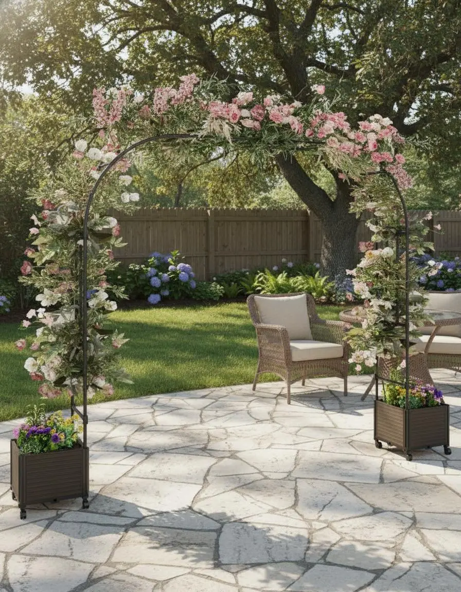 Garvee Upgraded Sturdy Metal Garden Arch Trellis with Built-in Planter Boxes – Outdoor Arbor for Climbing Plants – Perfect Wedding & Party Backdrop – Flower and Balloon Decor – Ideal Plant Support for Garden Landscapes