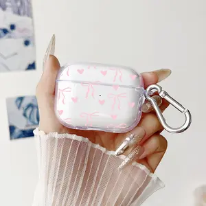 Premium Pink Bow Pattern Protective Case for AirPods 4/3/2/1/Pro/Pro2 Soft TPU Earphone Cover, Transparent with Keychain