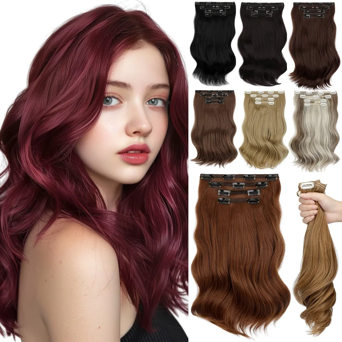 Dulchany Clip in Hair Extensions,4 Count Hair Extensions Thick Synthetic Long Wavy Dail Layered Hair Extensions 16 Inch Invisible Lace Weft Hair Extensions for Women