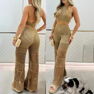 ChicMe Women's 2 Pieces Round Sequin Knitted Halter Sleeveless Crop Top and Casual Strechy Waist Wide Leg Knit Pants Set