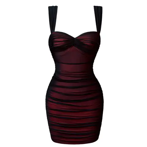 HYZ Women's Summer Sexy Bodycon Sleeveless Tank Straps Mesh Ruched Mini Party Dress