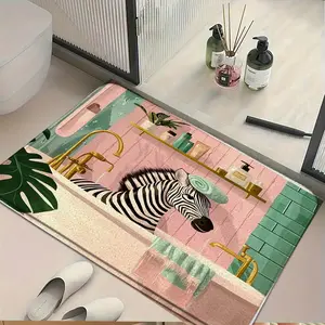 Zebra Bath Print Bathroom Mat, Funny Animal Illustration Floor Rug, Pink Green Gold Tone Bath Mat for Bathroom, Shower Room, Bedroom, Laundry Room