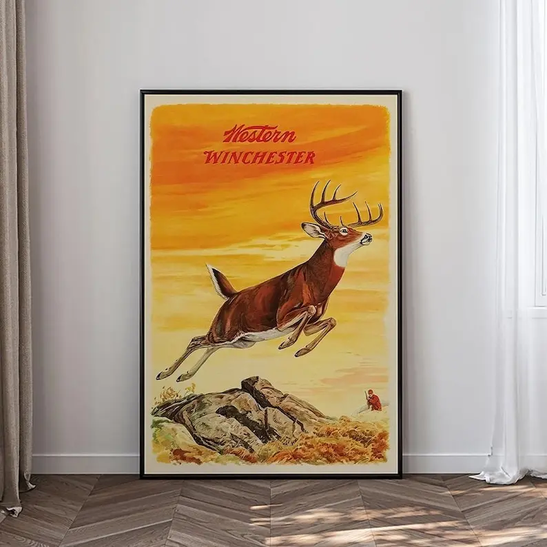 Vintage Winchester Deer Hunting Poster, Retro Western Wildlife Wall Art Print, Rustic Cabin Decor, Gift for Hunters