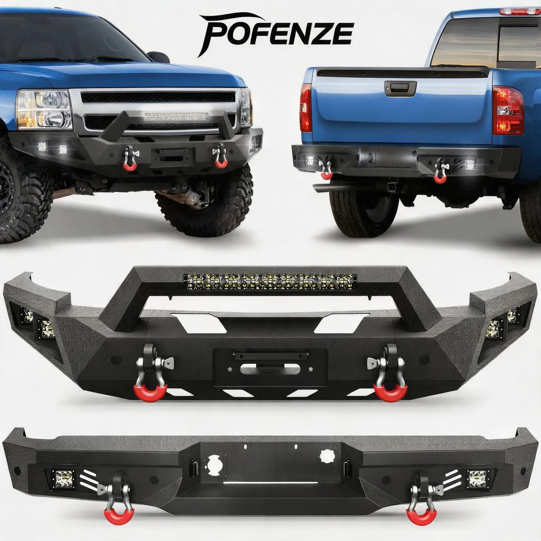 POFENZE-Mestan Silverado Bumper Set for 2007-2013 Chevy Silverado 1500 Pickup | Pickup Truck Bumpers w/Winch Plate, LED Lights, D-rings and License Plate Bracket