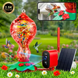 Smart Hummingbird Feeder with Camera, 2.5K HD Hand Blown Glass Bird Feeders for Outdoors, 47.07 oz Solar Powered with AI Bird ID, Auto Capture, Motion Alert, Ant Moat, Alexa & Google Compatible, Gift for Bird Lovers