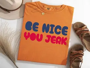 Comfort Colors Be Nice You Jerk T-Shirt, Bold Red & Blue Graphic Retro Unisex Tee, Shrinking Bubble Slang 70s Vintage Style, Funny Sarcastic Humor Gift