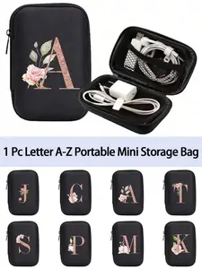 Rose Gold Shiny Heart Pattern Letter A-Z Portable Mini Storage Pouch, Floral Waterproof Shockproof Digital Pouch, Initial Name Logo Phone Charger Cable Organizer Wallet, Zipper Wallet-Style Cable Organizer, Digital Pouch