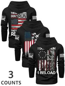 Men's 3-Piece Knit Flag Letter Graphic Print Hooded Long Sleeve T-Shirt Set, Casual Outdoor Spring & Fall Wear, Fitted Design, 3-Pack, Fashion Casual Clothing