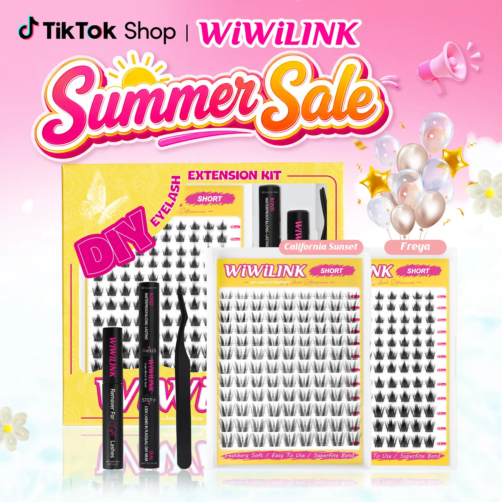 WiWiLink Short Manga Lashes, California Sunset Short, Freya Short | Cluster C/D Curl  Extension Kit | 8-14mm Lash Clusters with Bond, Seal, Remover - Ultra-Thin Transparent Bands |  Magic Anime False Eyelash Extension Kit dealsforyoudays