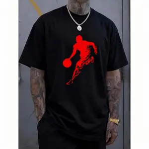 Funny Vintage Men'S Basketball Silhouette Printed T-Shirt, 100% Cotton Casual Crew Neck Long Sleeve T-Shirt, Slightly Elastic, Four Seasons Comfortable Fit Knitted Fabric Top, PLUS SIZE