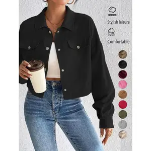 Women's Solid Button Front Drop Shoulder Corduroy Jacket, Casual Long Sleeve Flap Detail Collared Outerwear for Spring & Fall, Ladies Basic Clothes for Daily Wear, Womenswear