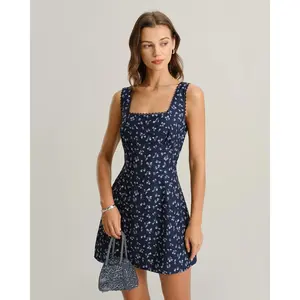 Navy Floral Square Neck Slip Mini Dress