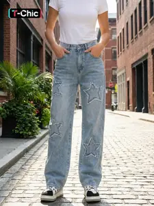 Women's Star Embroidered Raw Wash Straight Leg Jeans, Embroidery Jeans, Casual Pocket Button Fly Denim Trousers for Daily Wear, Ladies Bottoms for Fall & Winter, Jean Pants Bottoms, Denim Clothing