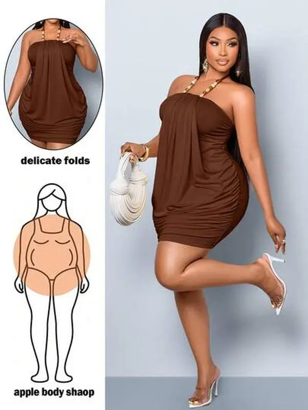ORLINA Plus Size Women's Summer Y2K Elegant & Sexy Draped Strapless Halter Mini Dress With Beaded Embellishments - Ideal For Island Vacations, Dates, Honeymoons, Elegant Parties, Festive Occasions, Wedding Guest Attire, And Birthdays