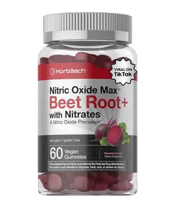Horbäach Nitric Oxide Beet Root Gummies | 60 Chews| with Nitrates, Vitamin C & Black Pepper | for Men & Women | Strawberry Flavor | Vegan, Non-GMO, Gluten Free Supplement