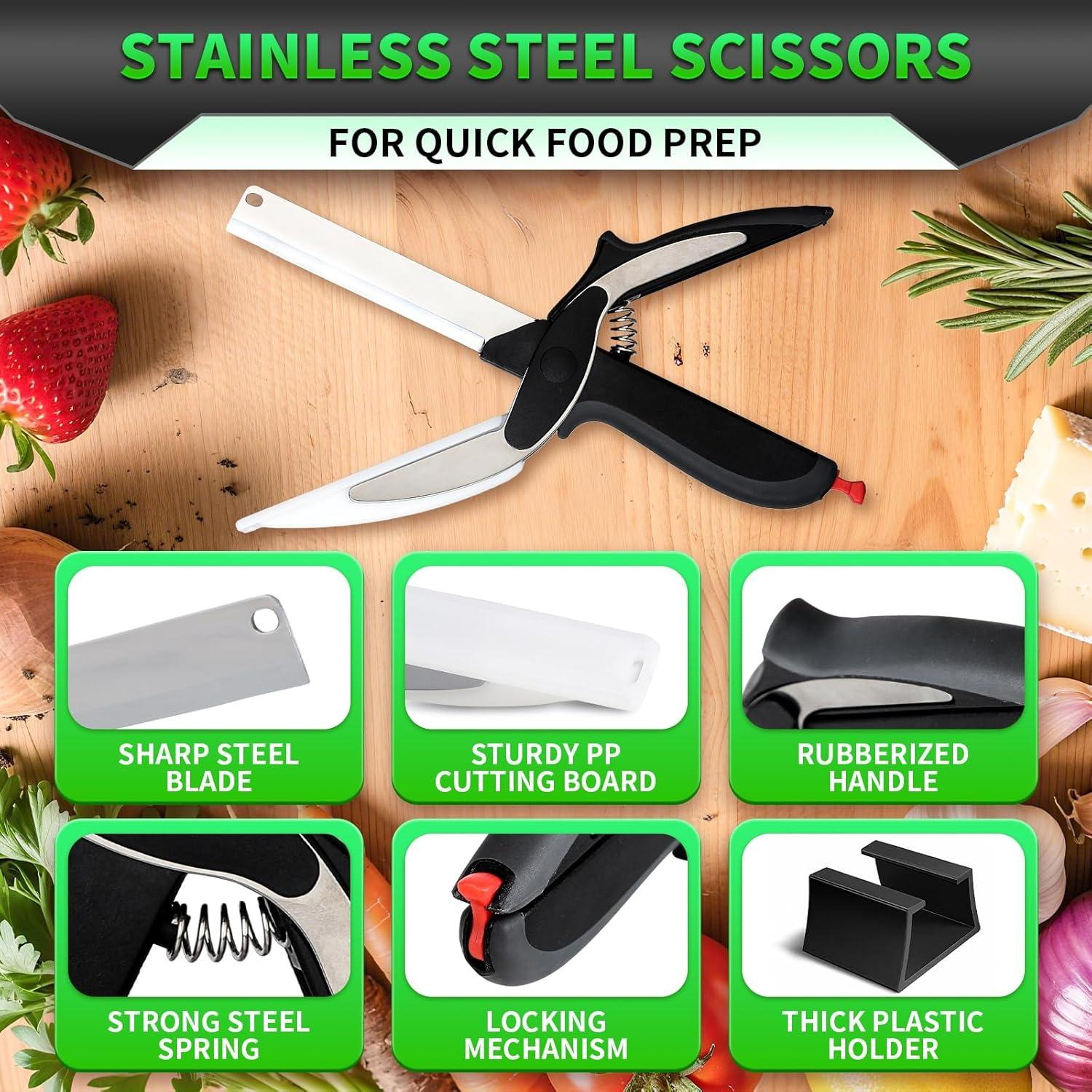 2-in-1 Kitchen Scissors with Cutting Board, Food Scissors & Vegetable Cutter, Stainless Steel Kitchen Shears with Safety Lock, Dishwasher Safe Herb, Fruit, Cheese & Meat Cutter
