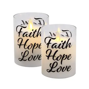 LumaBase 2-Piece Faith Hope Love Battery-Operated Glass LED Flickering Flame Candle Set, Lighting Switch-Integrated Indoor Home Lighting Decor Ornaments