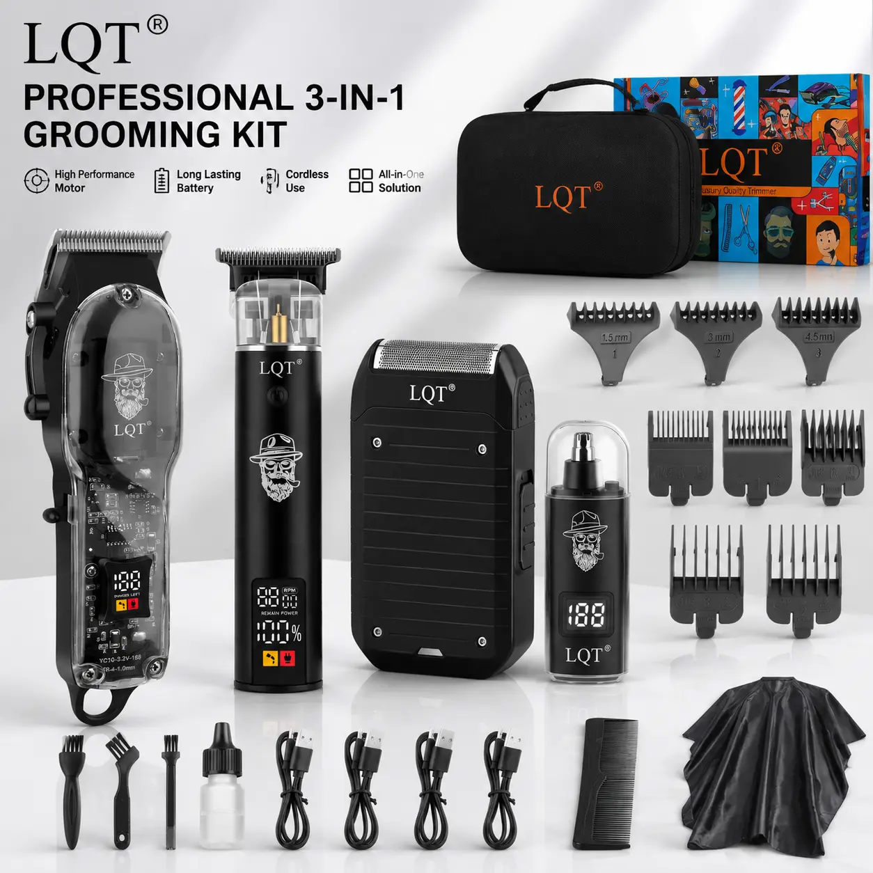 LQT Transparent Black 4-in-1 Grooming Kit for Men, Professional Cordless Hair Clippers Set with Hair Clipper, Detail Trimmer, Foil Shaver & Nose Trimmer, LED Display, Powerful Motor, Complete Barber Tools for Home Haircut & Beard Styling campingessentials