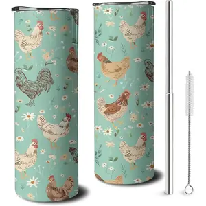 20 oz Green Daisy Stainless Steel Vacuum Insulated Tumbler Water Bottle Flask for Chicken - Lid, Straw Included - Travel Drinkware, Women's Kitchenware Gift, Water Bottles, Flasks