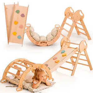 5-in-1 Toddler Climbing Toys Indoor Set with Pikler Triangle Climbing Arch Balance Cushion Montessori Gym for Toddlers 1-3 Foldable Wooden Activity Center Jungle Gym for Kids Eco-Friendly Latvian Birch Plywood