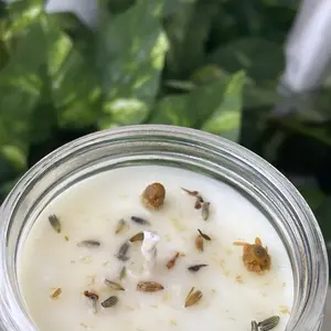Lavender and Chamomile Scented Candle with Real Lavender Sprigs in Clear Glass Jar Aroma