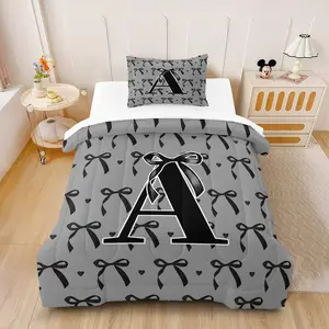 Black and Grey Bow Personalized Initial Comforter Set,Including 1 Quilt and 1 or 2 Pillowcases Without Pillows,Suitable as Bedding Set for Family or Friends,Soft and Warm Bedroom Decoration, Soft Bedding Sets