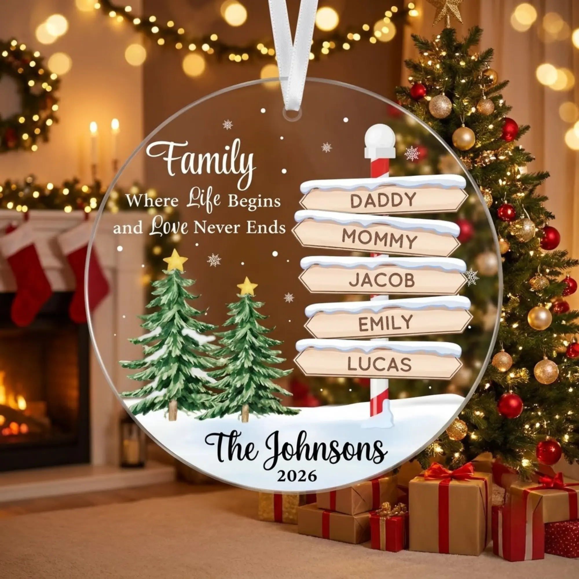 Family Where Life Begins and Love Never Ends Ornament, Personalized Family Gift, Custom Name Signpost, Acrylic Holiday Decor