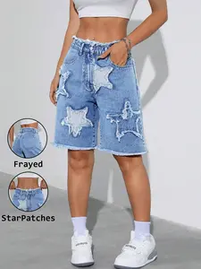 Women's High-Waisted Patchwork Frayed Denim Shorts, Loose Straight-Leg Mid-Thigh Pants with Functional Pockets, Summer Casual Beachwear Womenswear