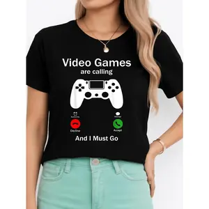 Women's Round Neck Short-Sleeve Video Games Calling T-Shirt, Black Minimalist Gaming Casual Top, Comfortable Breathable Fabric, Everyday Unisex Wear Suitable for All Outfits, Made in USA