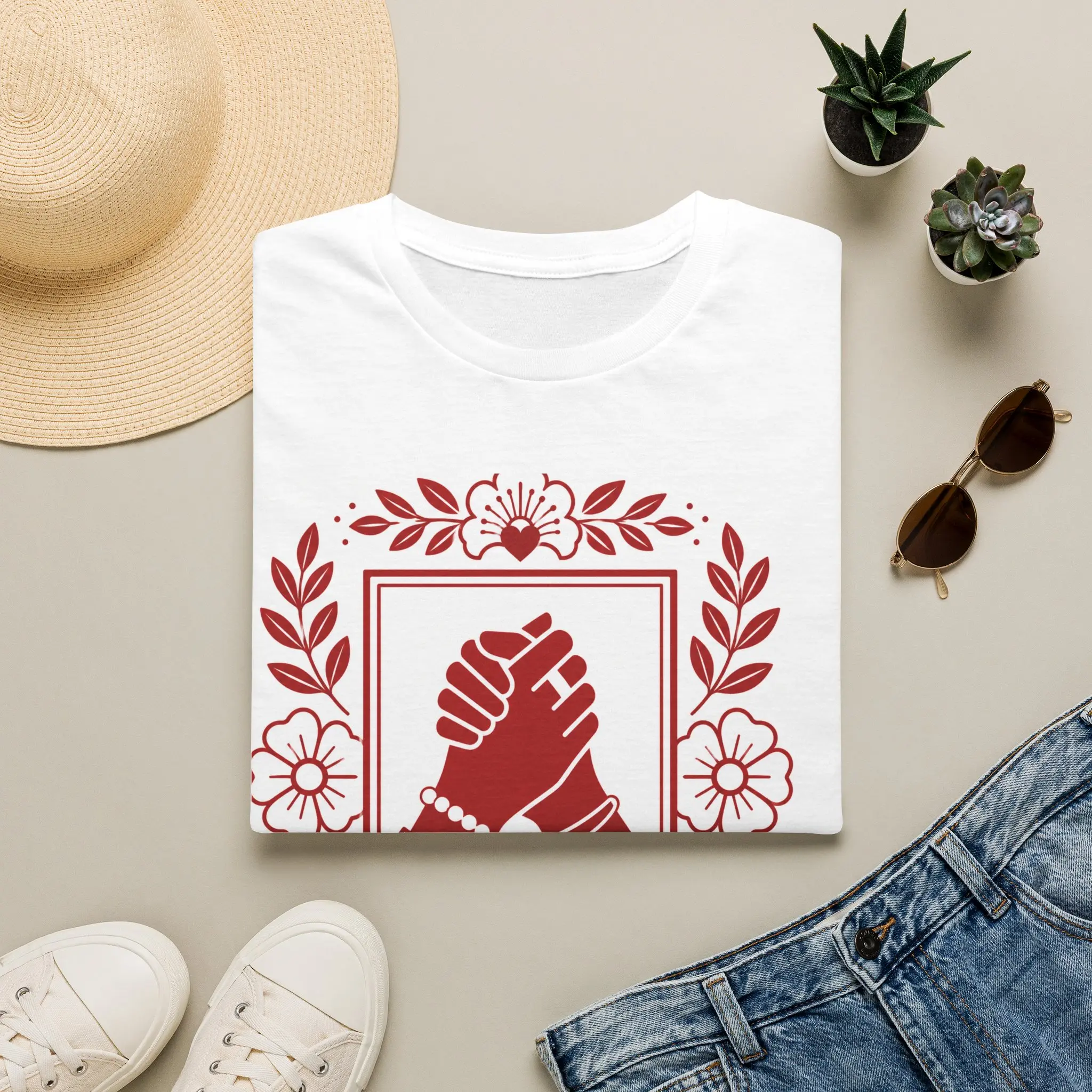 Unity Hands Illustration T-Shirt | Joined Hands Floral Frame