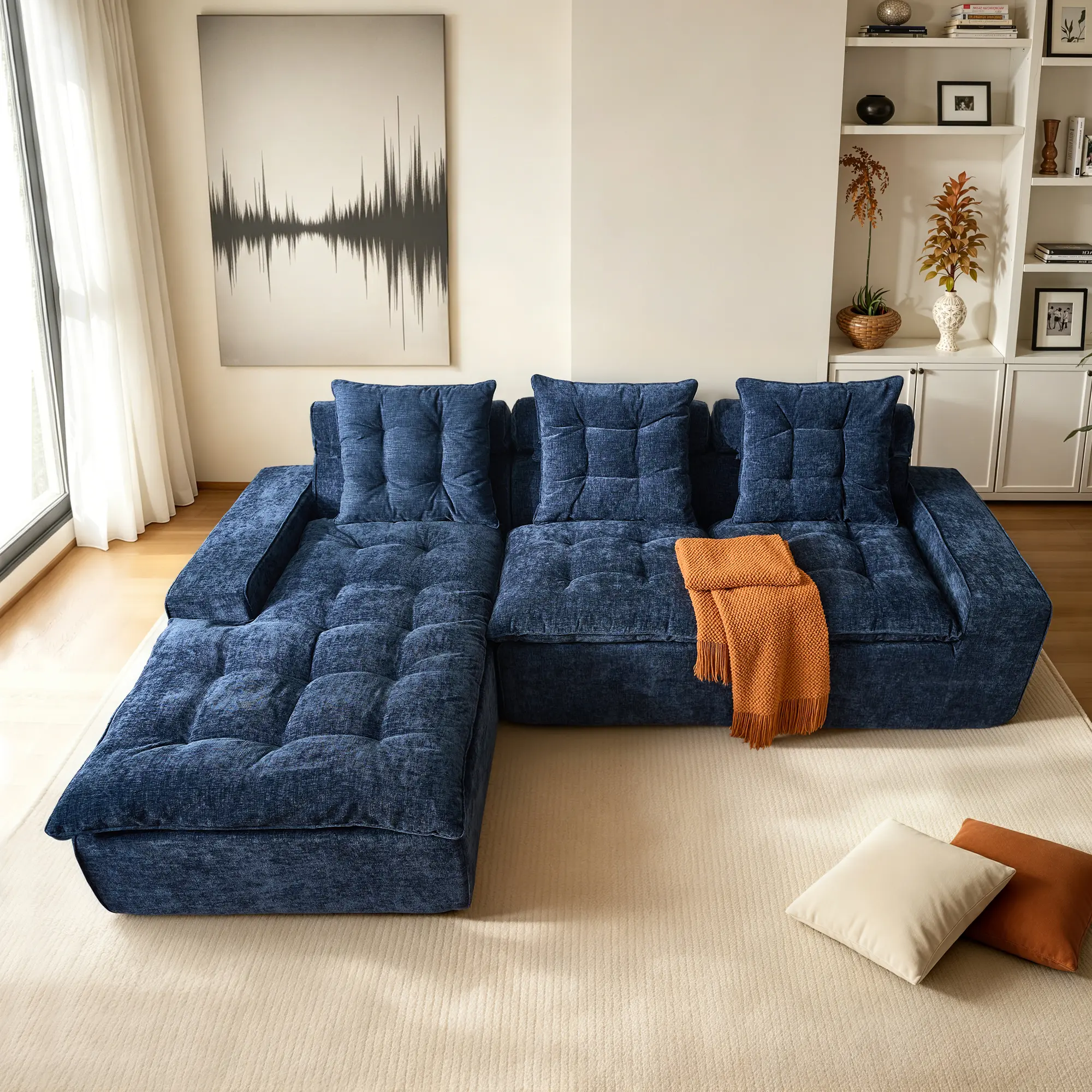 HOOOWOOO L-Shaped Modular Sofa with Grid-Tufted Cushions, Chenille Upholstered Deep Seat Lounger, No Assembly Required, 2 Packages shipping, Cozy Sectional Couch for Living Room, Apartment, Bedroom