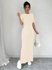 Casual Short Sleeve Maxi Dress with Slit Hem for Women, Comfortable Knitted Fabric, Versatile Everyday Wear