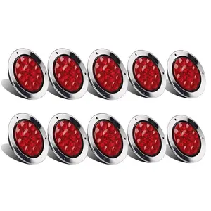 Partsam 10Pcs Red 4" Inch Round LED Trailer Tail Lights 12LED Flange Mount Stainless Steel Chrome Bezel Waterproof Stop Turn Tail Brake Lights Replacement for Trucks RV 12V