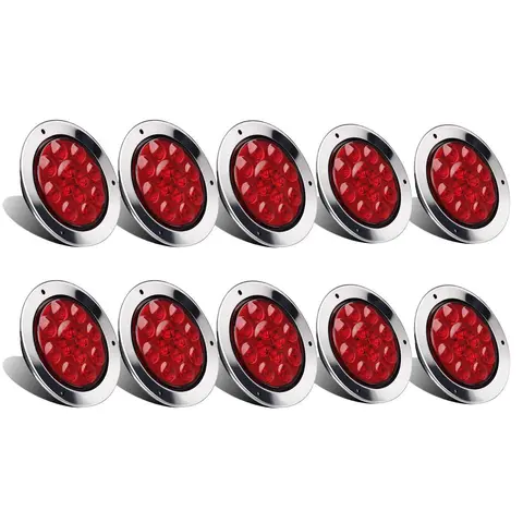 Partsam 10Pcs Red 4" Inch Round LED Trailer Tail Lights 12LED Flange Mount Stainless Steel Chrome Bezel Waterproof Stop Turn Tail Brake Lights Replacement for Trucks RV 12V