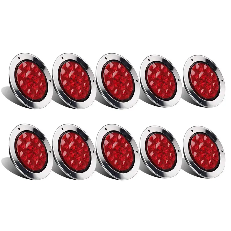 Partsam 10Pcs Red 4" Inch Round LED Trailer Tail Lights 12LED Flange Mount Stainless Steel Chrome Bezel Waterproof Stop Turn Tail Brake Lights Replacement for Trucks RV 12V