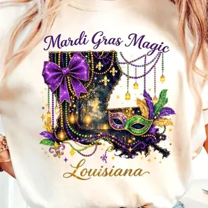 Mardi Gras Magic Louisiana T-shirt, Louisiana Map Carnival Mask, Purple Green Gold Festival Art, Mardi Gras T Shirt TD