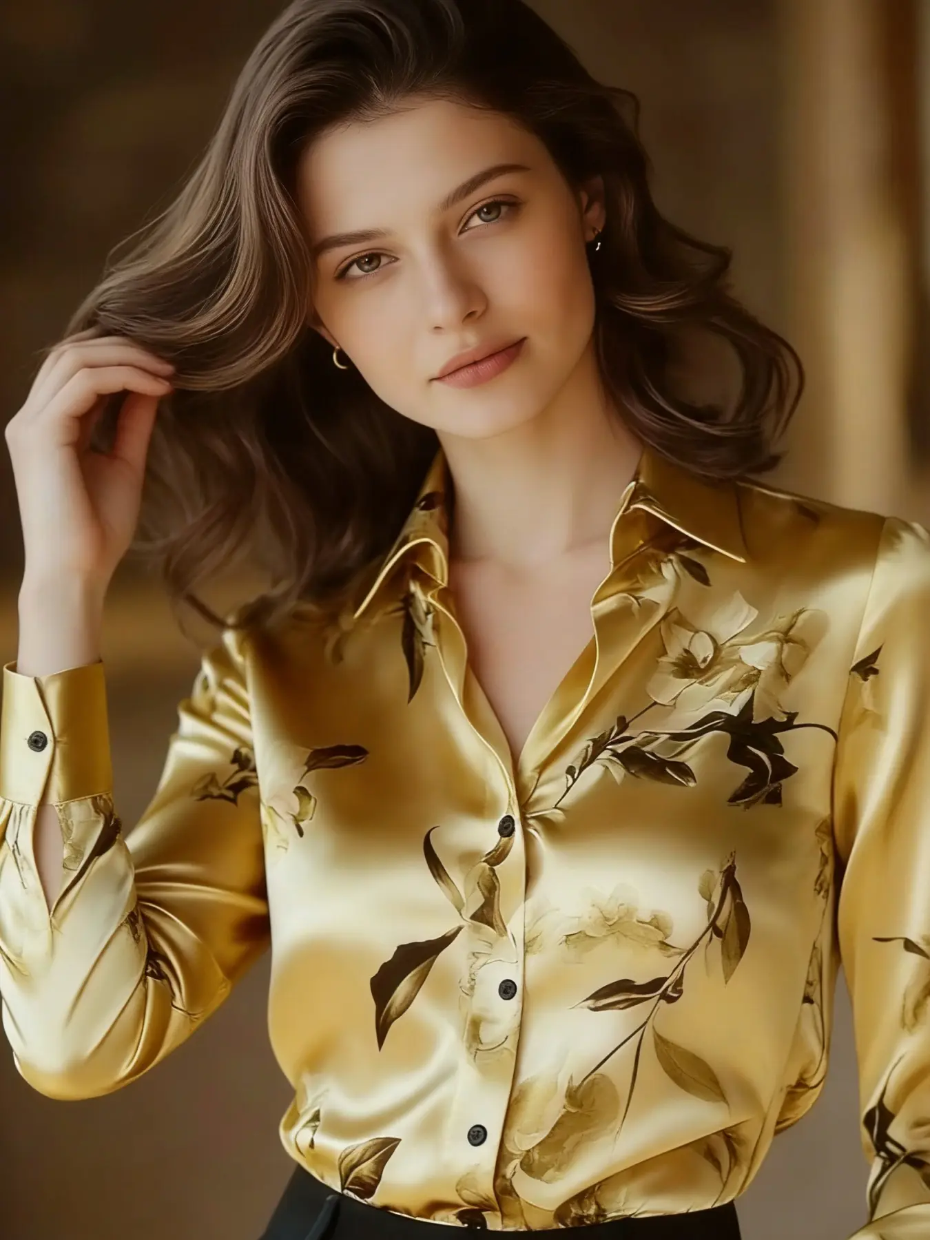 A fashionable and versatile women's satin printed long sleeve Blouse shirt with a light luxury style, suitable for commuting to work, shopping and outdoor activities, indoor and outdoor dressing