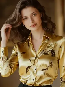 A fashionable and versatile women's satin printed shirt with a light luxury style, suitable for commuting to work, shopping and outdoor activities, indoor and outdoor dressing