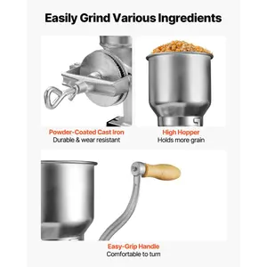 VEVOR Manual Grain Mill with High Hopper, Hand-Crank Corn Grinder, Heavy Duty Cast Iron Wheat Grinding Mill with Stable Table Clamp for Grains Spices Coffee Beans Nuts