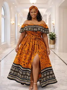 African Orange Ankara Maxi Dress with Headwrap – Flared Sleeve High Slit Elegant Occasion Gown