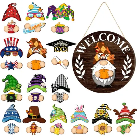 Interchangeable Gnome Welcome Sign for Door Decorations Wooden Gnome Sign with Magnet Detachable Hats and Hands Cute Gnome Hanging for Holiday Seasonal Decorations Gift Basket for Women Waterproof Halloween Pumpkin bridesmaid school first day