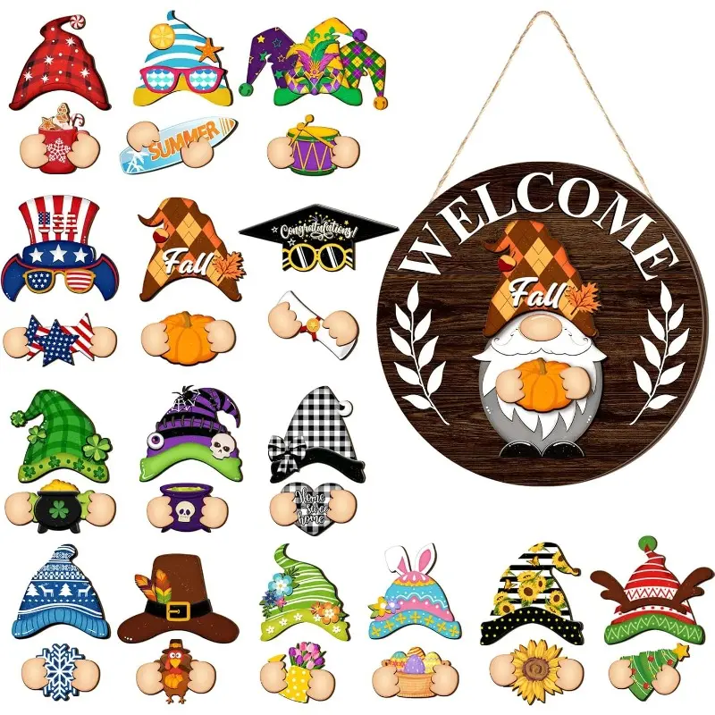 Interchangeable Gnome Welcome Sign for Door Decorations Wooden Gnome Sign with Magnet Detachable Hats and Hands Cute Gnome Hanging for Holiday Seasonal Decorations Gift Basket for Women Waterproof Halloween Pumpkin bridesmaid school first day