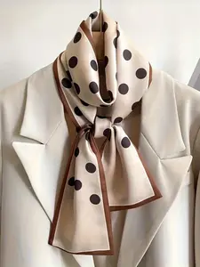 1pc Women's Bohemian Beige & Black Polka Dot Long Scarf - Versatile Neck Wrap, Headband & Bag Accessory, Stretchy Hand/Dry Clean Fabric, Elegant Hair Scarf for Casual & Formal Wear, Boho Style Scarf