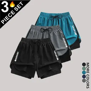 Men’s versatile casual 2‑in‑1 shorts with side prints; suitable for fitness, training, cycling, outdoor hiking, swimming, comfortable wear, running; quick‑drying, cool, breathable, moisture‑wicking, stretchy; ideal for everyday summer wear.