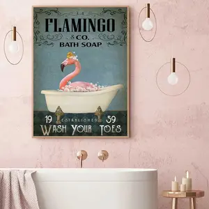 Flamingo and Bath Soap Bathroom Poster, Wash Your Toes Poster, Vintage Bathroom Decor, Funny Flamingo In Toilet,Flamingo Toilet Paper Poster