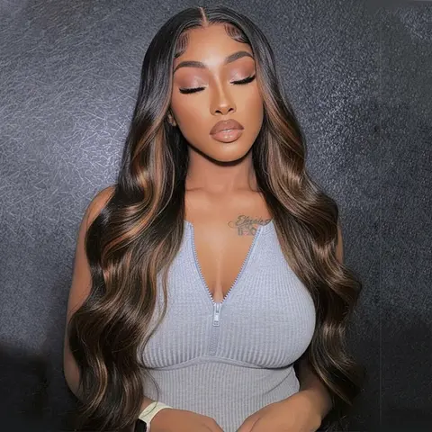 Brown Highlight Lace Front Human Hair Wig 13x4 HD Transparent Lace Front Wigs Body Wave Human Hair  Colors With Baby Hair Pre Plucked Balayage Wig For Woman